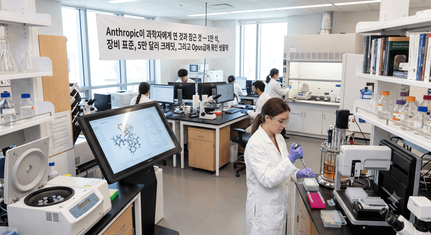 Anthropic이 과학자에게 연 것과 잠근 것 — 1만 석, 장비 표준, 5만 달러 크레딧, 그리고 Opus급에 묶인 생물학