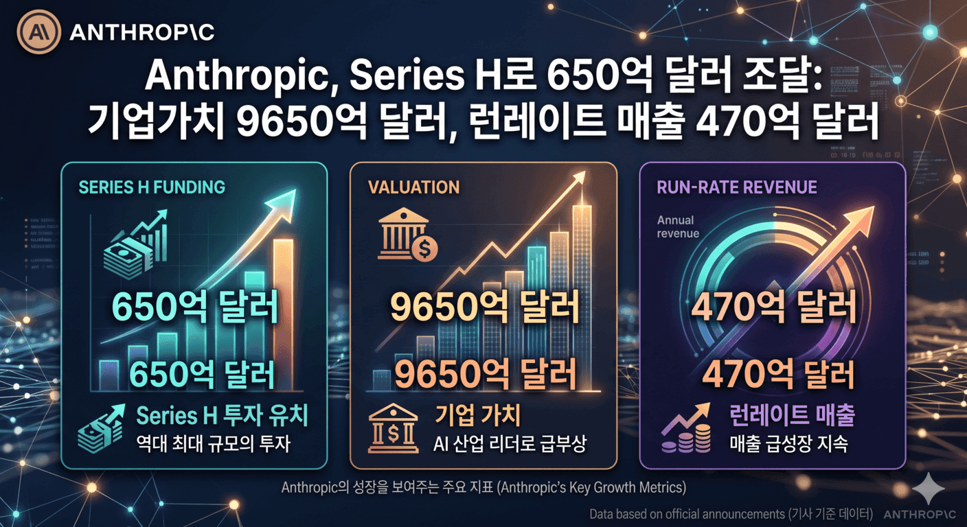Anthropic, Series H로 650억 달러 조달: 기업가치 9650억 달러, 런레이트 매출 470억 달러