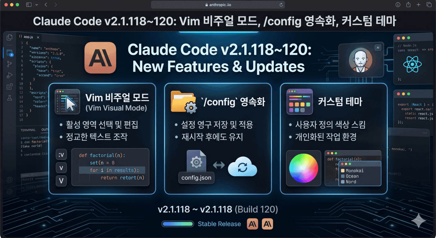 Claude Code v2.1.118~120: Vim 비주얼 모드, /config 영속화, 커스텀 테마