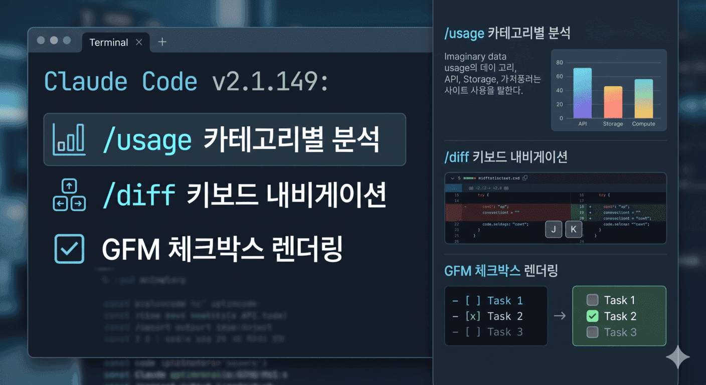 Claude Code v2.1.149: /usage 카테고리별 분석, /diff 키보드 내비게이션, GFM 체크박스 렌더링