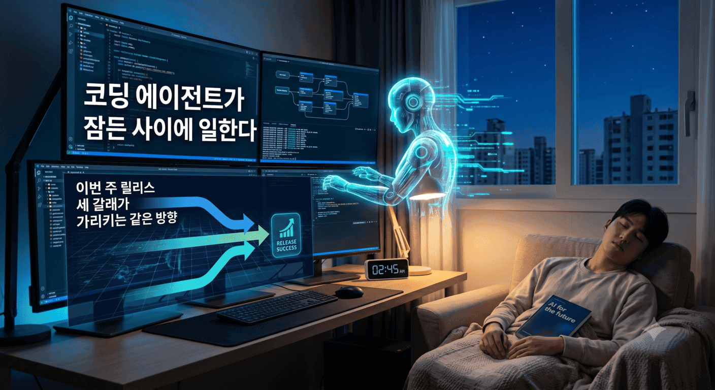 코딩 에이전트가 잠든 사이에 일한다 — 이번 주 릴리스 세 갈래가 가리키는 같은 방향