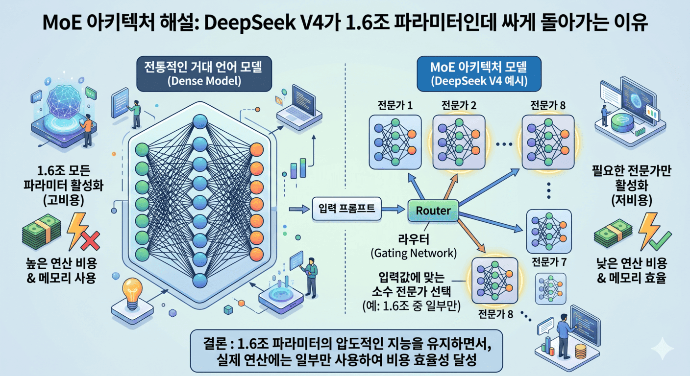 MoE 아키텍처 해설: DeepSeek V4가 1.6조 파라미터인데 싸게 돌아가는 이유