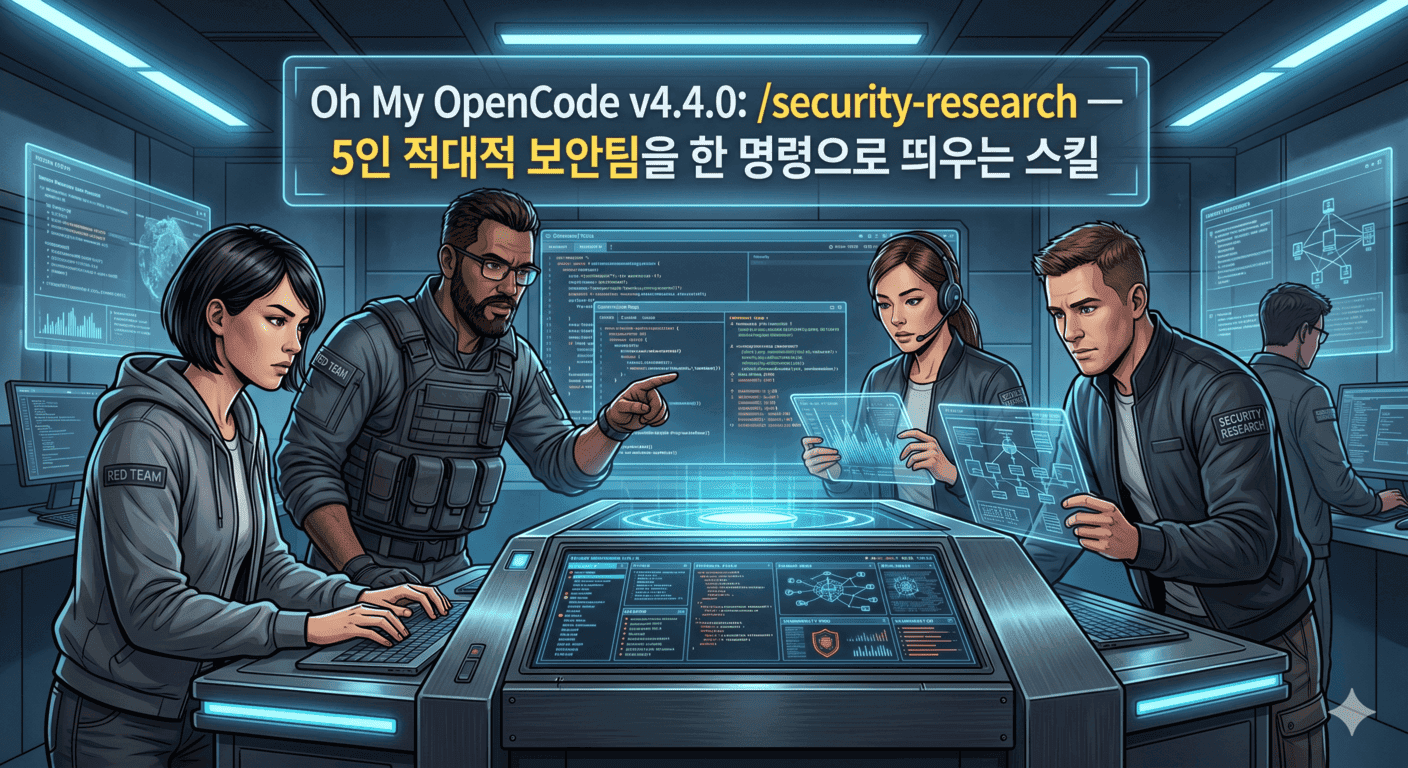 Oh My OpenCode v4.4.0: /security-research — 5인 적대적 보안팀을 한 명령으로 띄우는 스킬
