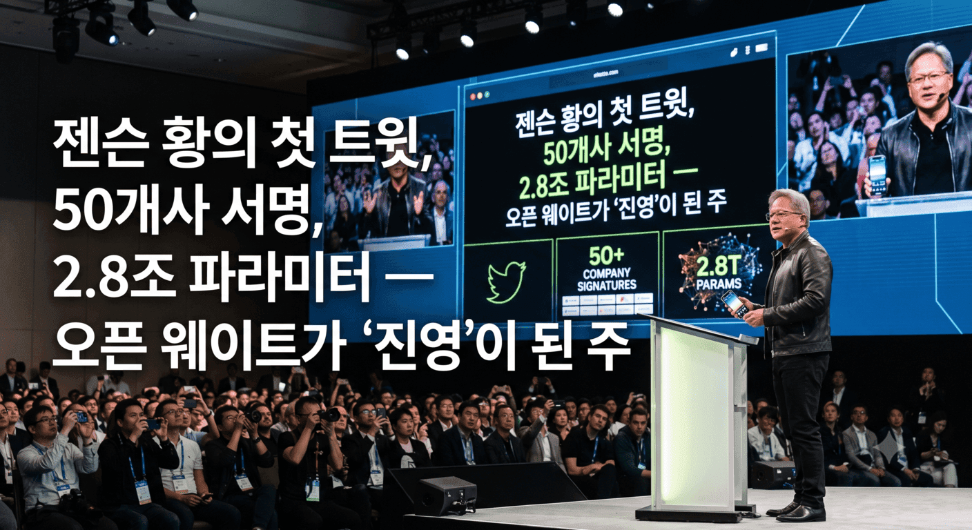 젠슨 황의 첫 트윗, 50개사 서명, 2.8조 파라미터 — 오픈 웨이트가 '진영'이 된 주