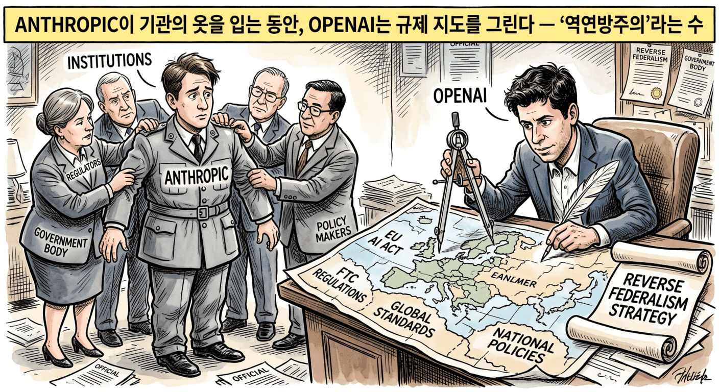 Anthropic이 기관의 옷을 입는 동안, OpenAI는 규제 지도를 그린다 — '역연방주의'라는 수